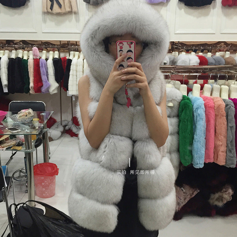 Waistcoat Faux Fur Vest Women Hooded Faux Fox