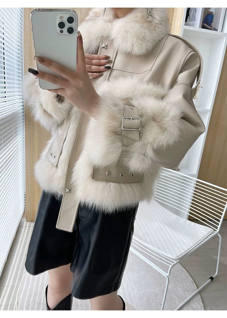 Sense Fox Fur Stitching Leather Coat