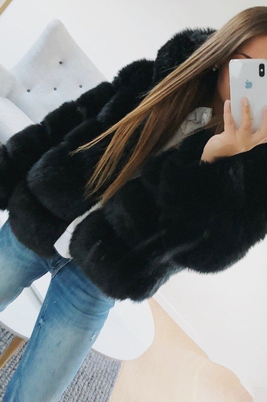 Long Sleeve Hooded Faux Rabbit Fur Coat