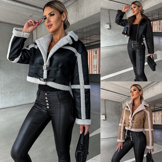 Pelz integrierte kurze große Revers jacke High-End-Lederring Design