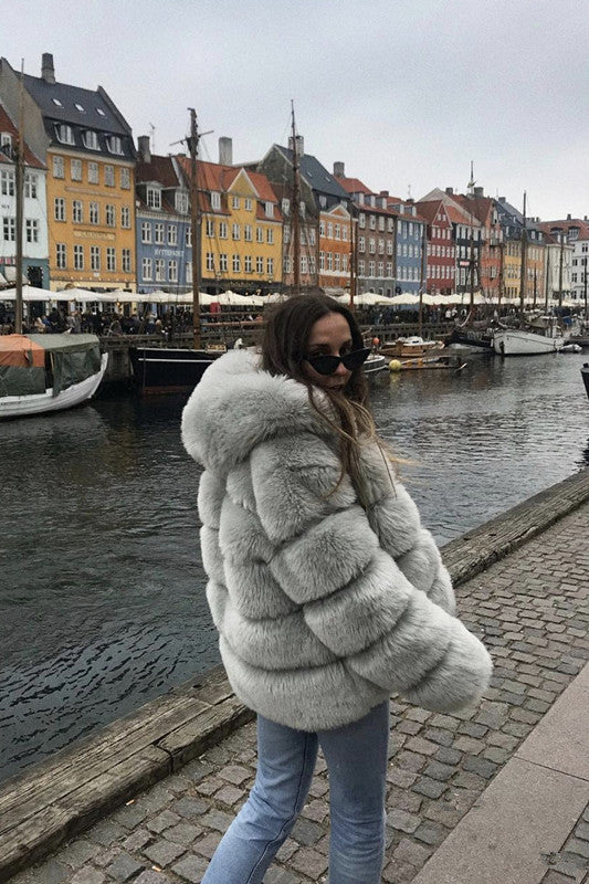 Long Sleeve Hooded Faux Rabbit Fur Coat