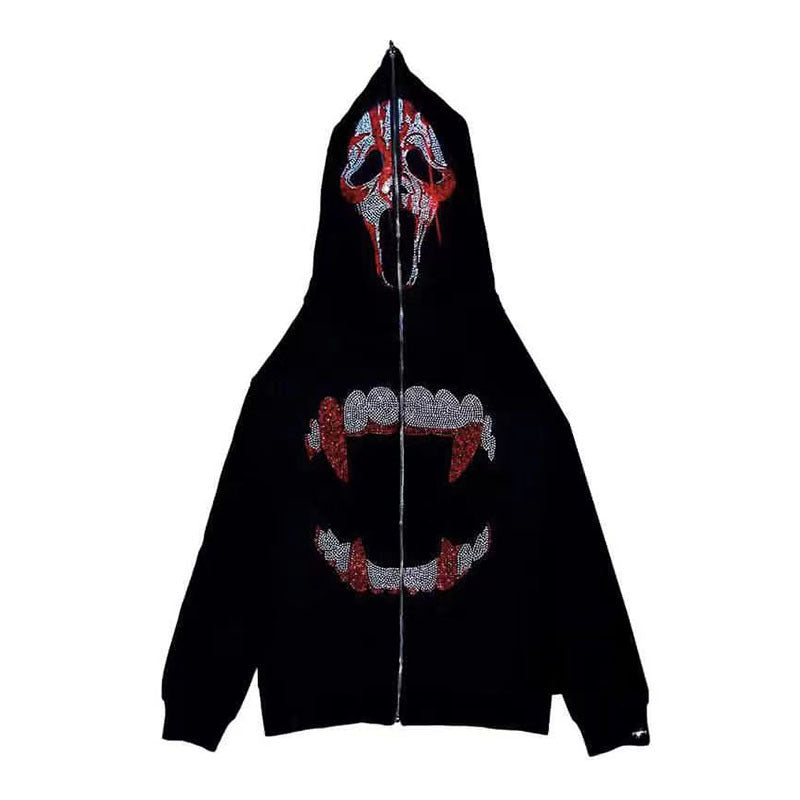 Street Skull Rhinestone Zip Hoodie Ladies